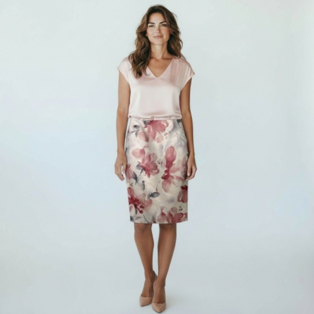 Jones New York Floral Silk-Blend Pencil Skirt 8P Cream & Rosewater‎ Floral